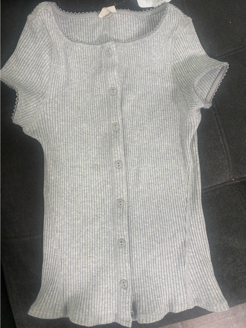 Light Gray Ribbed Button-Down Short Sleeve Top